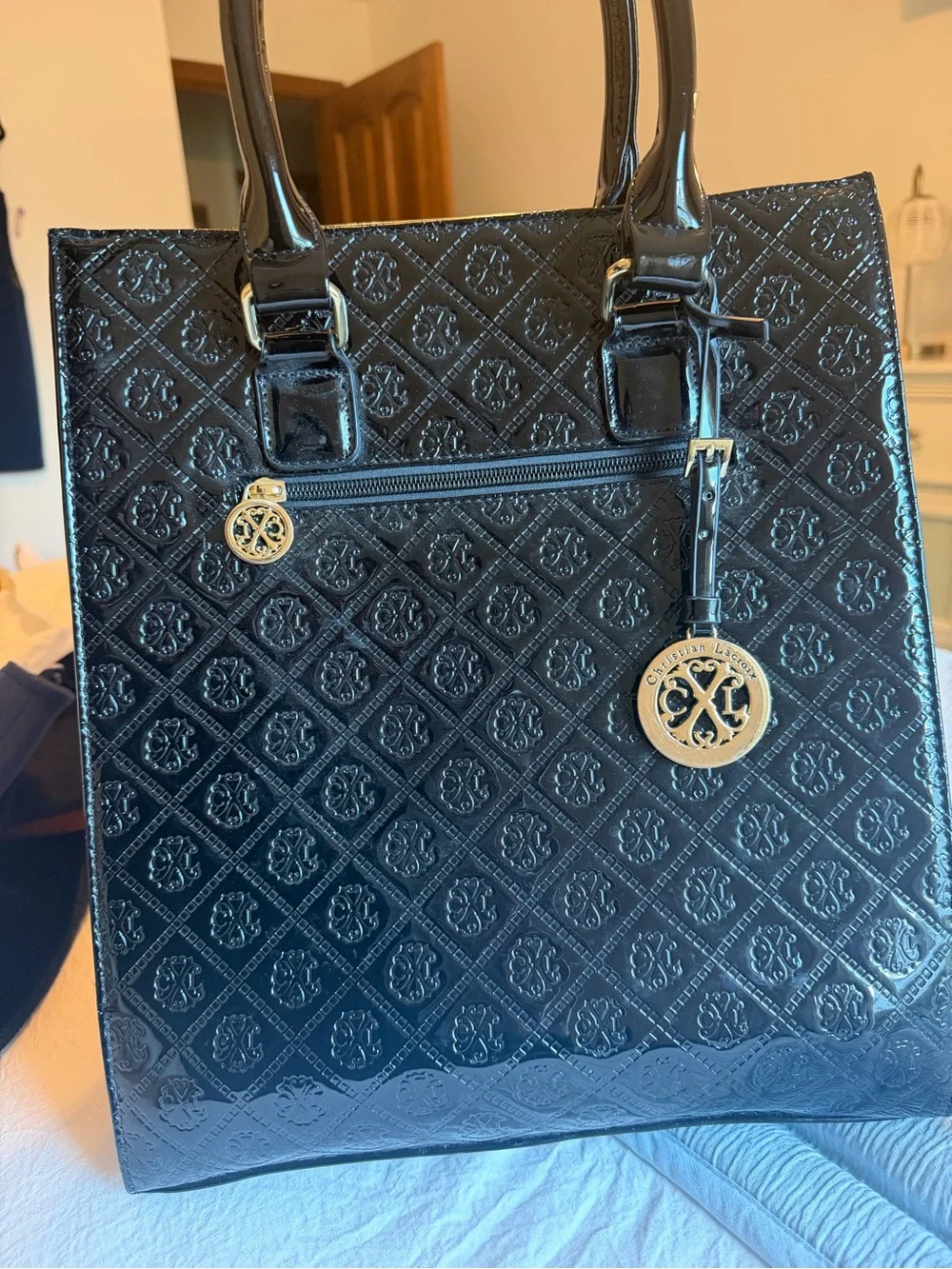 Christian Lacroix Black Patent Quilted Tote Bag with Gold Hardware